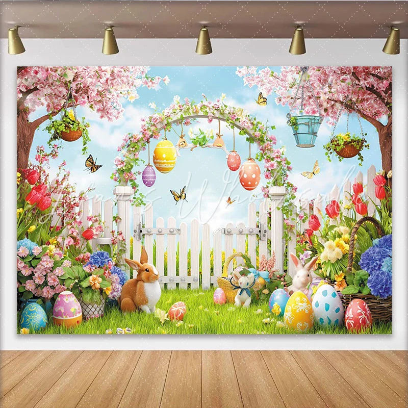 Lofaris Vibrant Spring Garden Easter Backdrop with Bunnies and Eggs Floral Photography Background for Holiday Party Decoration