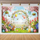 Lofaris Vibrant Spring Garden Easter Backdrop with Bunnies and Eggs Floral Photography Background for Holiday Party Decoration