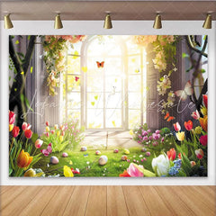 Lofaris Vibrant Spring Garden Easter Backdrop with Sunlit Arched Window Colorful Tulips and Flying Butterflies