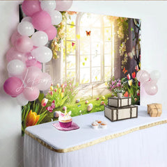 Lofaris Vibrant Spring Garden Easter Backdrop with Sunlit Arched Window Colorful Tulips and Flying Butterflies