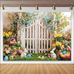 Lofaris Vibrant Spring Garden Easter Backdrop with White Picket Fence Cute Bunnies and Colorful Eggs for Spring Party