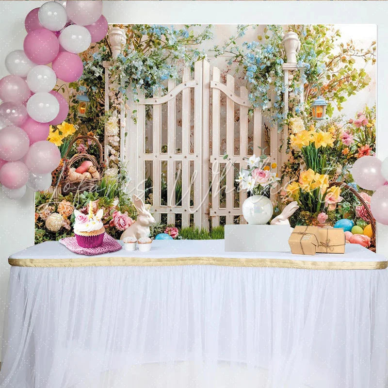 Lofaris Vibrant Spring Garden Easter Backdrop with White Picket Fence Cute Bunnies and Colorful Eggs for Spring Party