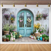Lofaris Vibrant Spring Garden Entrance Party Backdrop with Easter Bunnies and Colorful Eggs for Easter Party Baby Shower