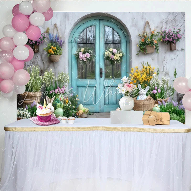 Lofaris Vibrant Spring Garden Entrance Party Backdrop with Easter Bunnies and Colorful Eggs for Easter Party Baby Shower