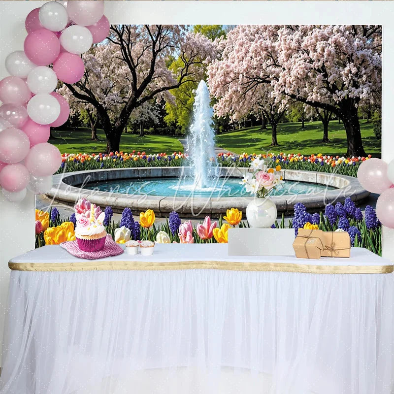 Lofaris Vibrant Spring Garden Photography Backdrop with Cherry Blossoms and Fountain Beautiful Nature Background for Studio Photoshoot