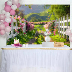 Lofaris Vibrant Spring Garden Photography Backdrop with Pink Flowers Fence Scenic Nature Background for Outdoor Photoshoot