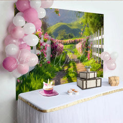Lofaris Vibrant Spring Garden Photography Backdrop with Pink Flowers Fence Scenic Nature Background for Outdoor Photoshoot