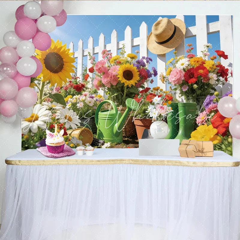 Lofaris Vibrant Spring Garden Photography Backdrop with Sunflowers and Picket Fence Outdoor Photo Background for Party Decor