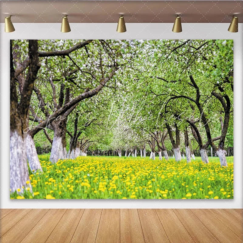 Lofaris Vibrant Spring Orchard Photography Backdrop with Yellow Flowers Lush Green Scenery Background for Studio Photoshoot