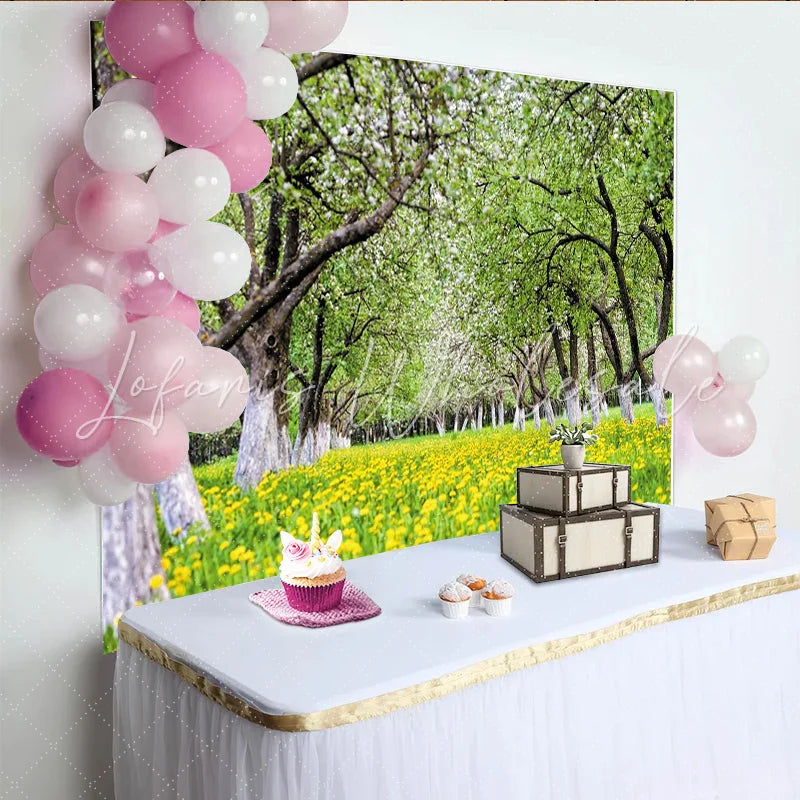 Lofaris Vibrant Spring Orchard Photography Backdrop with Yellow Flowers Lush Green Scenery Background for Studio Photoshoot