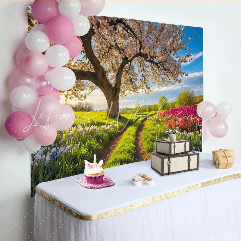 Lofaris Vibrant Spring Photography Backdrop with Blooming Tree and Colorful Flowers Scenic Nature Background for Studio Photoshoot