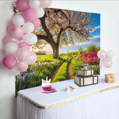 Lofaris Vibrant Spring Photography Backdrop with Blooming Tree and Colorful Flowers Scenic Nature Background for Studio Photoshoot