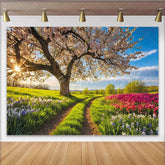 Lofaris Vibrant Spring Photography Backdrop with Blooming Tree and Colorful Flowers Scenic Nature Background for Studio Photoshoot