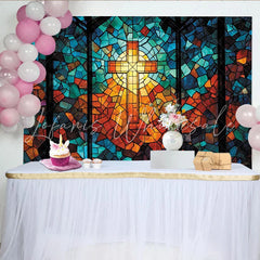 Lofaris Vibrant Stained Glass Cross Photography Backdrop with Mosaic Pattern Religious Church Window Background for Studio Portrait