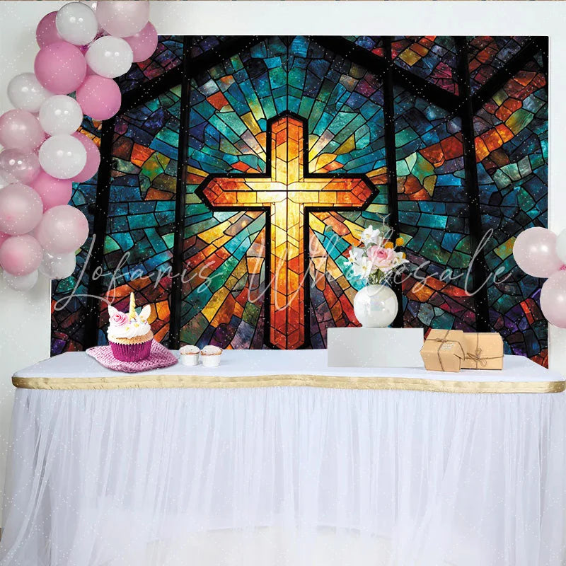 Lofaris Vibrant Stained Glass Cross Photography Backdrop with Radiant Light Artistic Studio Background for Religious Event