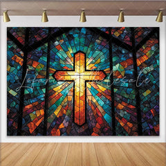 Lofaris Vibrant Stained Glass Cross Photography Backdrop with Radiant Light Artistic Studio Background for Religious Event