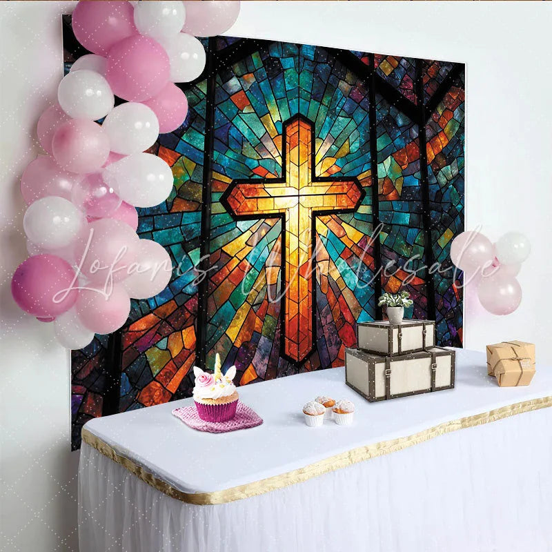 Lofaris Vibrant Stained Glass Cross Photography Backdrop with Radiant Light Artistic Studio Background for Religious Event