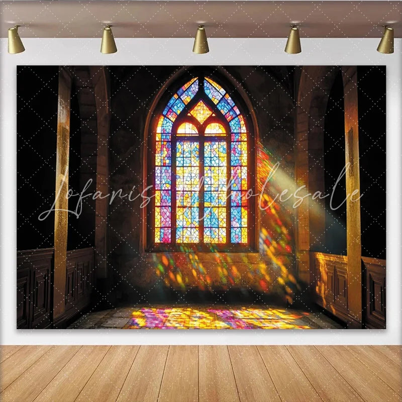 Lofaris Vibrant Stained Glass Window Photography Backdrop with Arched Design Colorful Light Effect Background for Studio Portrait