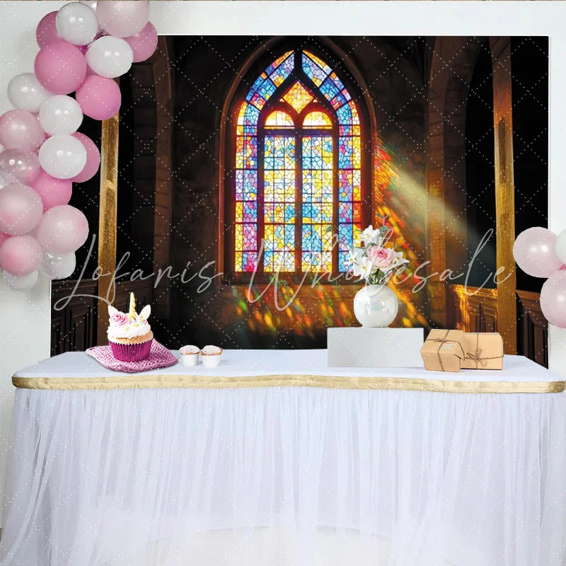 Lofaris Vibrant Stained Glass Window Photography Backdrop with Arched Design Colorful Light Effect Background for Studio Portrait