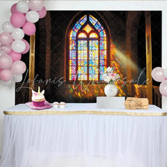 Lofaris Vibrant Stained Glass Window Photography Backdrop with Arched Design Colorful Light Effect Background for Studio Portrait
