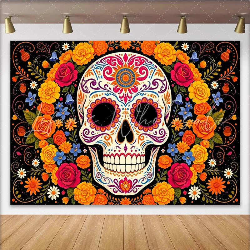Lofaris Vibrant Sugar Skull Mexican Fiesta Backdrop with Colorful Flowers Festive Day of the Dead Party Background for Celebration Decor