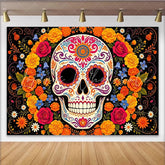 Lofaris Vibrant Sugar Skull Mexican Fiesta Backdrop with Colorful Flowers Festive Day of the Dead Party Background for Celebration Decor