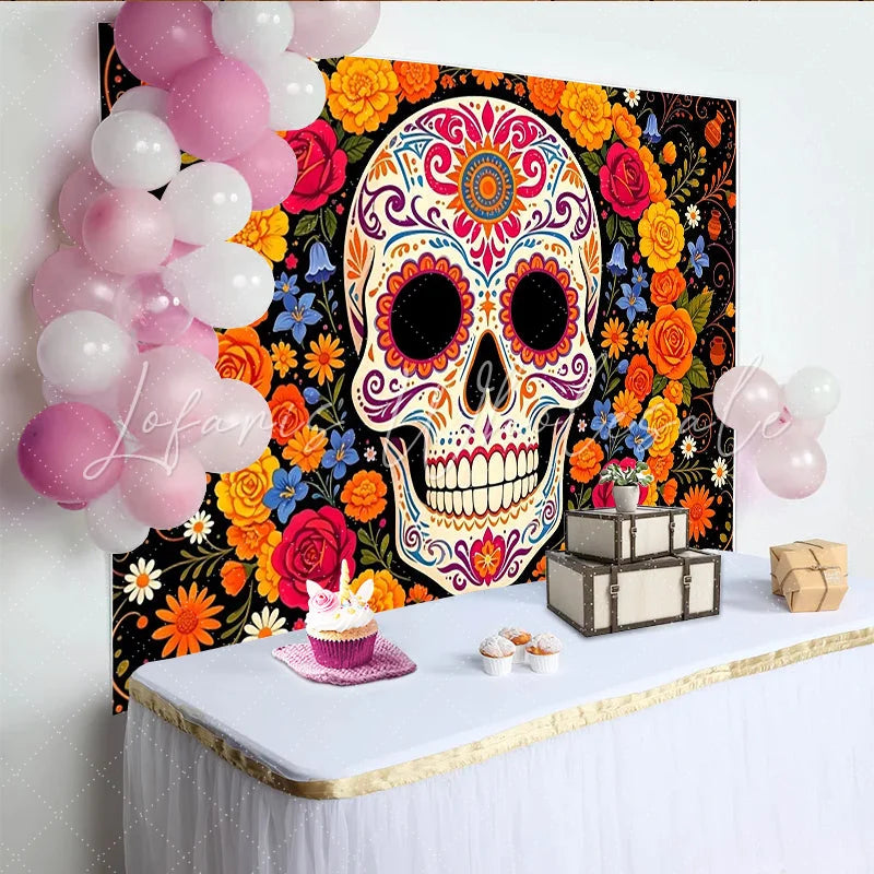 Lofaris Vibrant Sugar Skull Mexican Fiesta Backdrop with Colorful Flowers Festive Day of the Dead Party Background for Celebration Decor