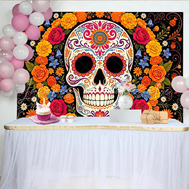 Lofaris Vibrant Sugar Skull Mexican Fiesta Backdrop with Colorful Flowers Festive Day of the Dead Party Background for Celebration Decor