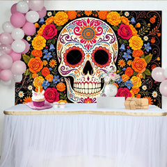 Lofaris Vibrant Sugar Skull Mexican Fiesta Backdrop with Colorful Flowers Festive Day of the Dead Party Background for Celebration Decor