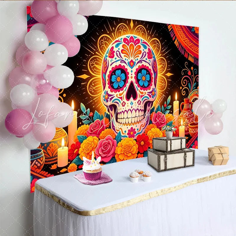 Lofaris Vibrant Sugar Skull Mexican Fiesta Backdrop with Colorful Flowers Festive Party Decor for Holiday Event Photography