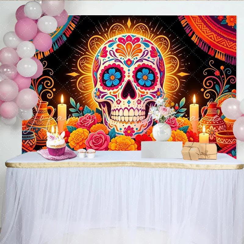 Lofaris Vibrant Sugar Skull Mexican Fiesta Backdrop with Colorful Flowers Festive Party Decor for Holiday Event Photography