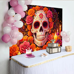 Lofaris Vibrant Sugar Skull Mexican Fiesta Backdrop with Flowers and Candles Colorful Celebration Photo Background for Festive Party Decor