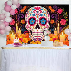 Lofaris Vibrant Sugar Skull Mexican Fiesta Backdrop with Marigold Flowers and Candles Festive Day of the Dead Party Background Decor