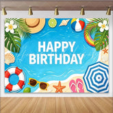 Lofaris Vibrant Summer Beach Birthday Backdrop with Palm Leaves and Ocean Playful Tropical Party Background for Kids Photoshoot