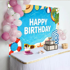 Lofaris Vibrant Summer Beach Birthday Backdrop with Palm Leaves and Ocean Playful Tropical Party Background for Kids Photoshoot