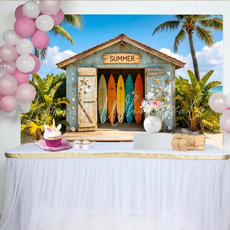 Lofaris Vibrant Summer Beach Hut Backdrop with Colorful Surfboards and Palm Trees Tropical Photography Background for Vacation Party