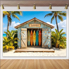 Lofaris Vibrant Summer Beach Hut Backdrop with Colorful Surfboards and Palm Trees Tropical Photography Background for Vacation Party