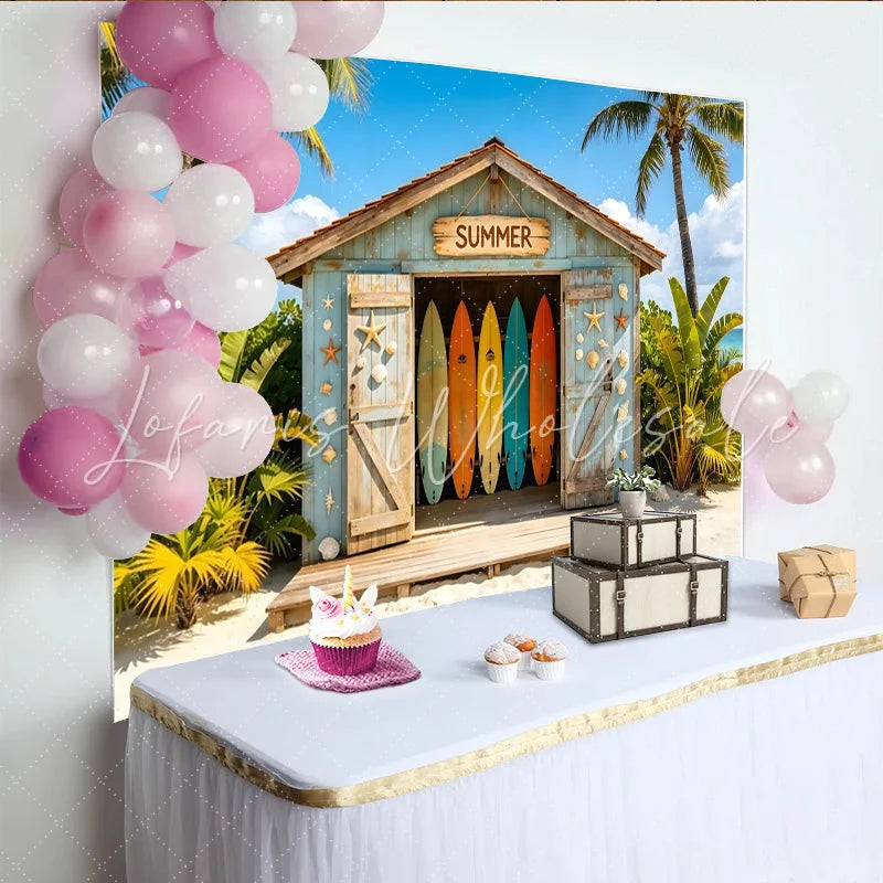 Lofaris Vibrant Summer Beach Hut Backdrop with Colorful Surfboards and Palm Trees Tropical Photography Background for Vacation Party