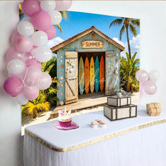 Lofaris Vibrant Summer Beach Hut Backdrop with Colorful Surfboards and Palm Trees Tropical Photography Background for Vacation Party