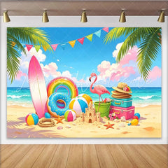 Lofaris Vibrant Summer Beach Photography Backdrop Palm Trees and Flamingo Cartoon Ocean Party Background for Kids Photoshoot