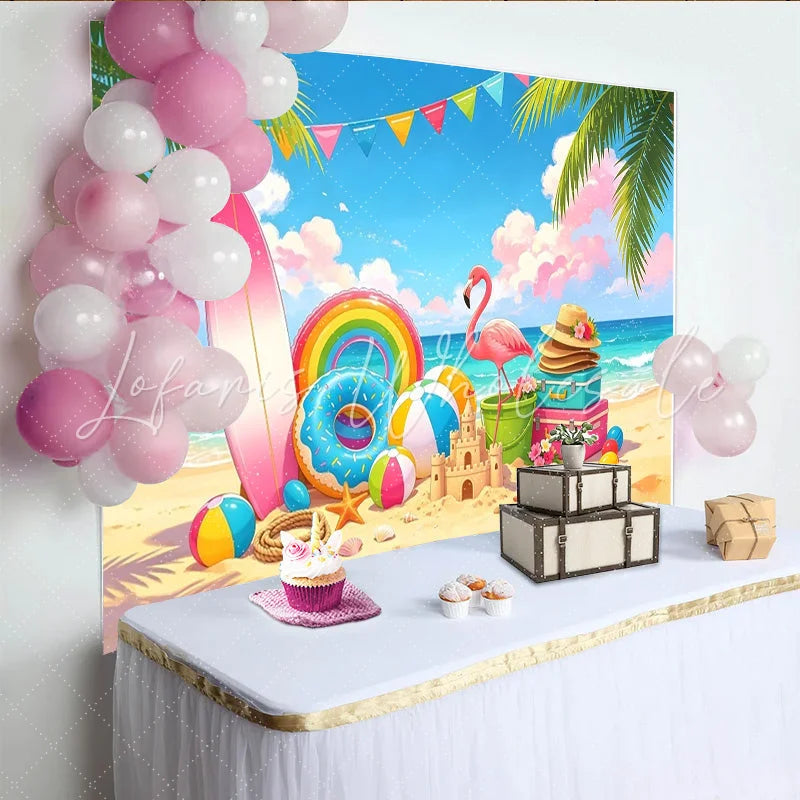 Lofaris Vibrant Summer Beach Photography Backdrop Palm Trees and Flamingo Cartoon Ocean Party Background for Kids Photoshoot