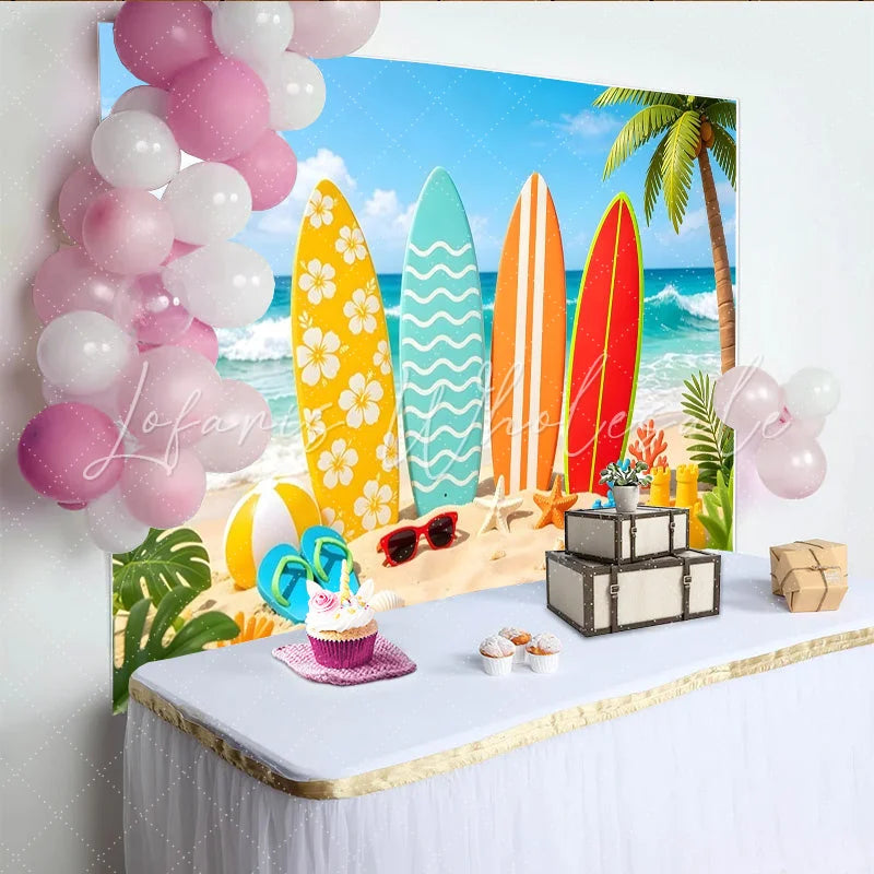 Lofaris Vibrant Summer Beach Photography Backdrop with Colorful Surfboards Tropical Ocean Scene Background for Holiday Photos and Decor