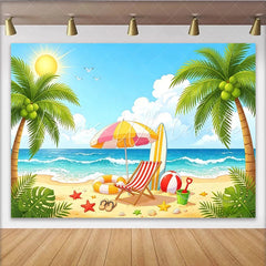 Lofaris Vibrant Summer Beach Photography Backdrop with Palm Trees and Ocean Waves Ideal Tropical Vacation Photo Background for Party Decor