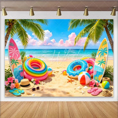 Lofaris Vibrant Summer Beach Photography Backdrop with Palm Trees and Surfboards Tropical Party Decor for Vacation Photoshoot