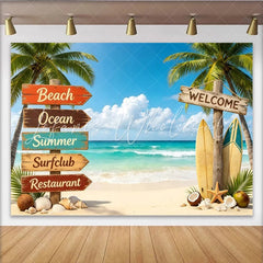 Lofaris Vibrant Summer Beach Photography Backdrop with Palm Trees and Surfboards Tropical Ocean View Background for Vacation Decor