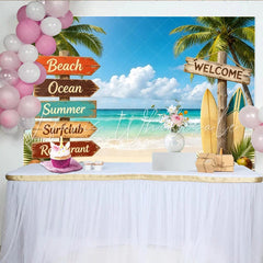 Lofaris Vibrant Summer Beach Photography Backdrop with Palm Trees and Surfboards Tropical Ocean View Background for Vacation Decor