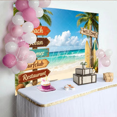 Lofaris Vibrant Summer Beach Photography Backdrop with Palm Trees and Surfboards Tropical Ocean View Background for Vacation Decor