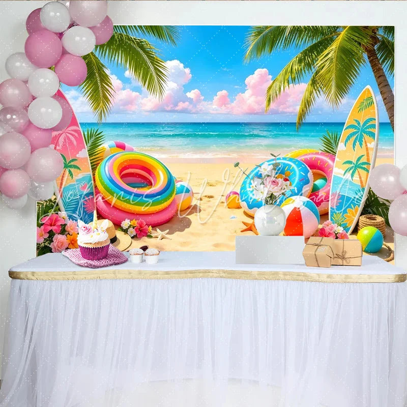 Lofaris Vibrant Summer Beach Photography Backdrop with Palm Trees and Surfboards Tropical Party Decor for Vacation Photoshoot