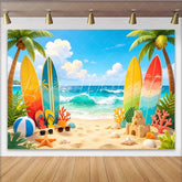 Lofaris Vibrant Summer Beach Photography Backdrop with Surfboards and Palm Trees Tropical Ocean Wave Background for Vacation Photoshoot