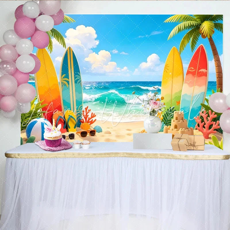 Lofaris Vibrant Summer Beach Photography Backdrop with Surfboards and Palm Trees Tropical Ocean Wave Background for Vacation Photoshoot